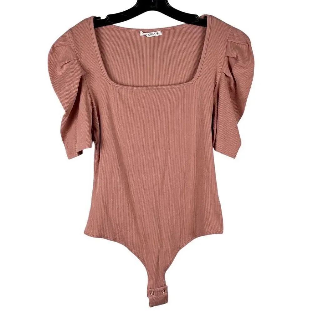 REORIA Women Square Neck Bodysuit Puff Sleeve Ribbed Corset Tops XL
